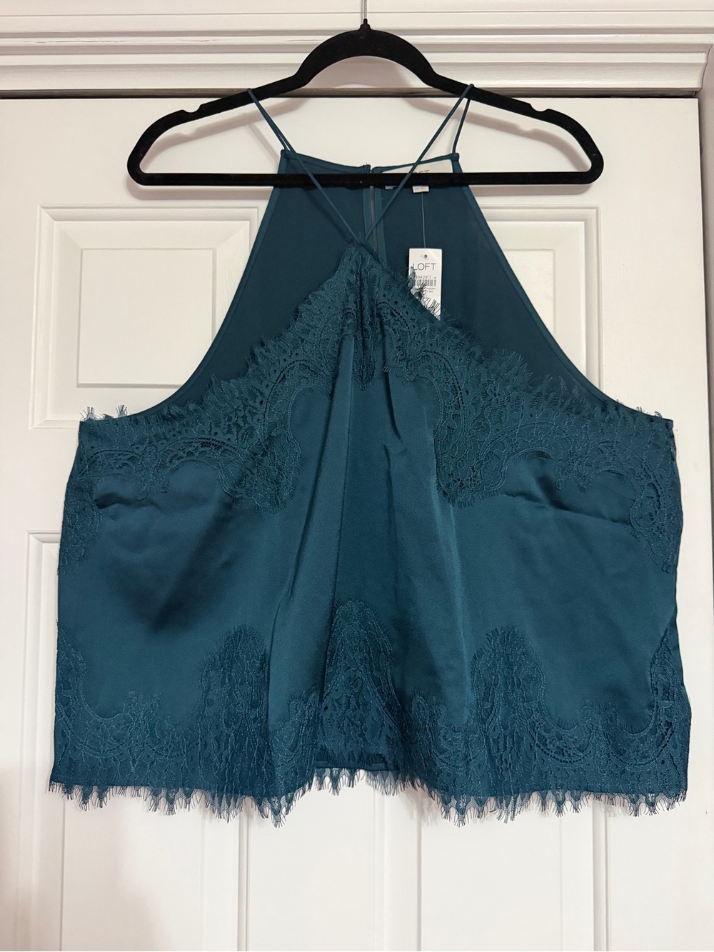 LOFT Teal Satin Lace-Trim Halter Cami